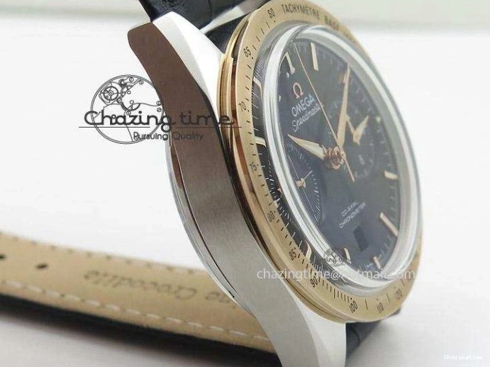 0517 Trendsetting Speedmaster ’57 SS Chrono AXF Best Edition RG Bezel Black Dial on Black Leather Strap A 8283
